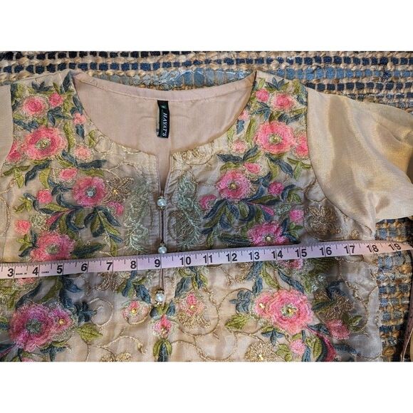 Hayat Embroidered Beige Pink Green Floral Kurti Dress S/M Ethereal Special Occas - Picture 7 of 14
